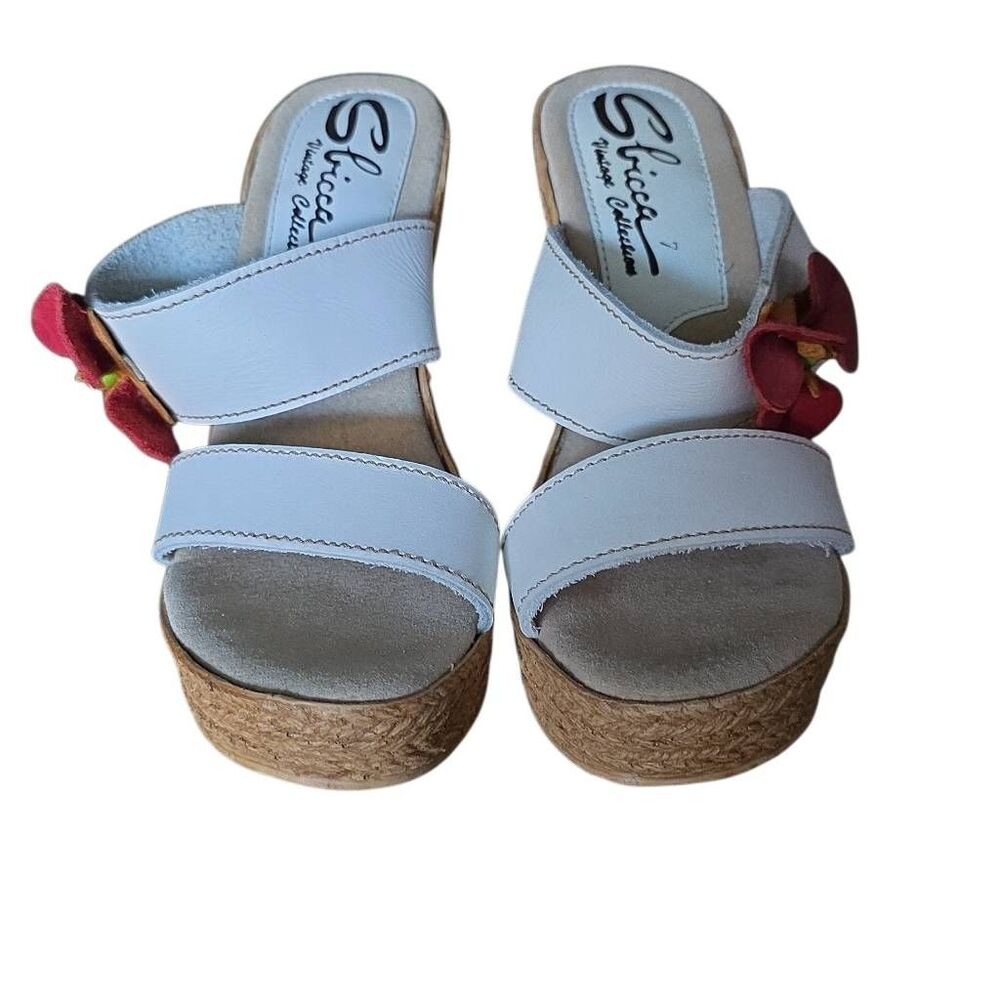 Sbicca Women's Size 7 White Leather Red Flower Espadrille Slide on Wedge Heels - Picture 4 of 8